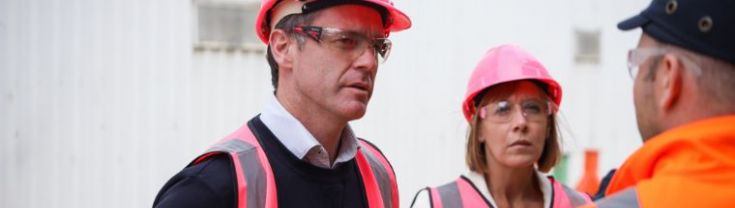 Premier Chris Minns at a construction site wearing a hardhat 