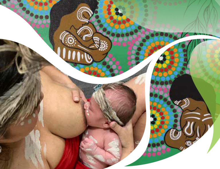 Decorative image of an aboriginal woman breastfeeding, alongside graphical images from an aboriginal artwork depicting breastfeeding